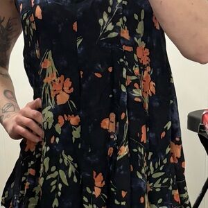 Navy Floral Sleeveless Sundress with Orange & Olive Print